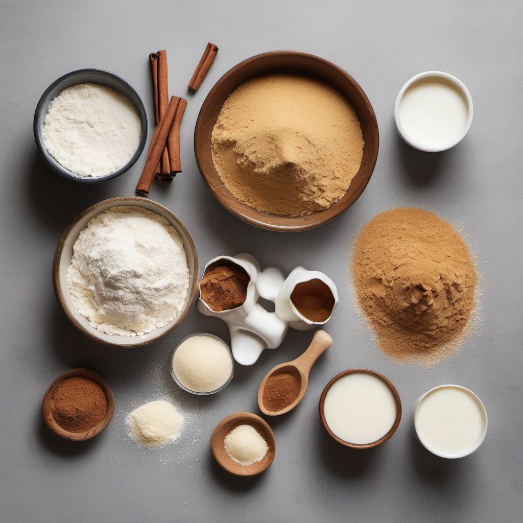 Items needed to answer the question, How do I bake cinnamon rolls. Items include:  All-purpose flour  Granulated sugar  Instant yeast  Salt  Milk  Unsalted butter  Brown sugar  Ground cinnamon