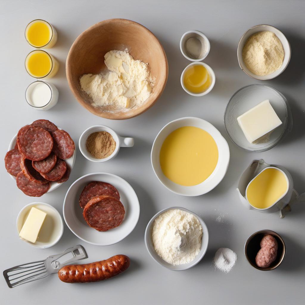 Items needed to answer the question, How do I make gluten-free biscuits and gravy. Items include:  Gluten-Free All-Purpose Flour  Baking Powder  Granulated Sugar  Salt  Cold Butter  Milk  Gluten-Free Breakfast Sausage  Butter