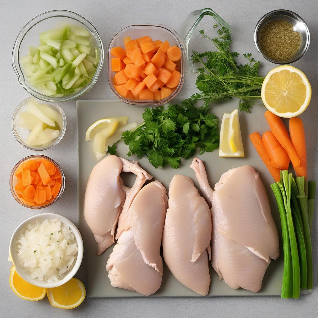 Items needed to answer the question, How do I cook a zesty Lemon Chicken Soup. Items include:  Chicken breasts  Onion  Carrots  Celery stalks  Chicken broth  Lemons  Dried thyme  Salt and pepper  Fresh parsley