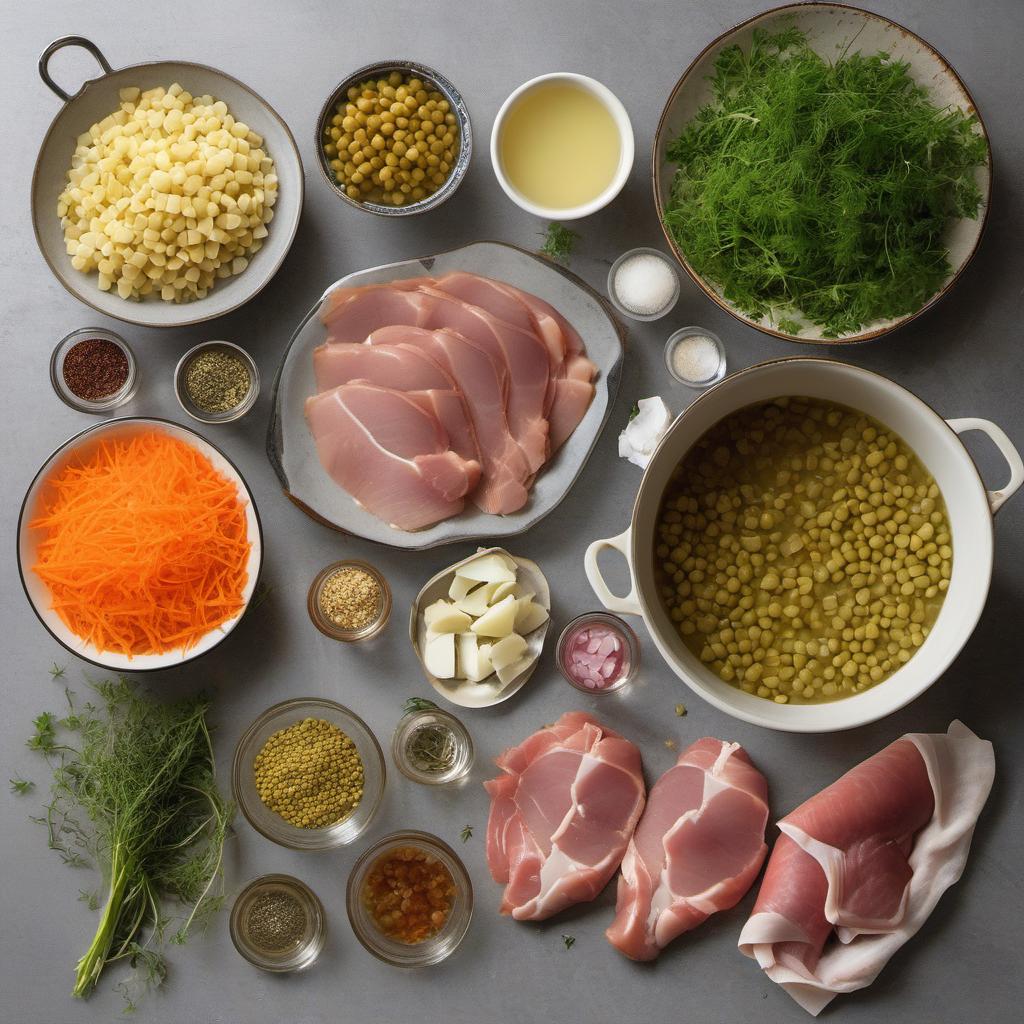 Items needed to answer the question, How do I make a hearty Split Pea Soup with Ham. Items include:  Dried Split Peas  Ham Hock or Diced Ham  Chopped Onion  Minced Garlic Cloves  Chopped Carrots  Chopped Celery Stalks  Chicken or Vegetable Broth  Bay Leaves  Dried Thyme  Salt and Pepper