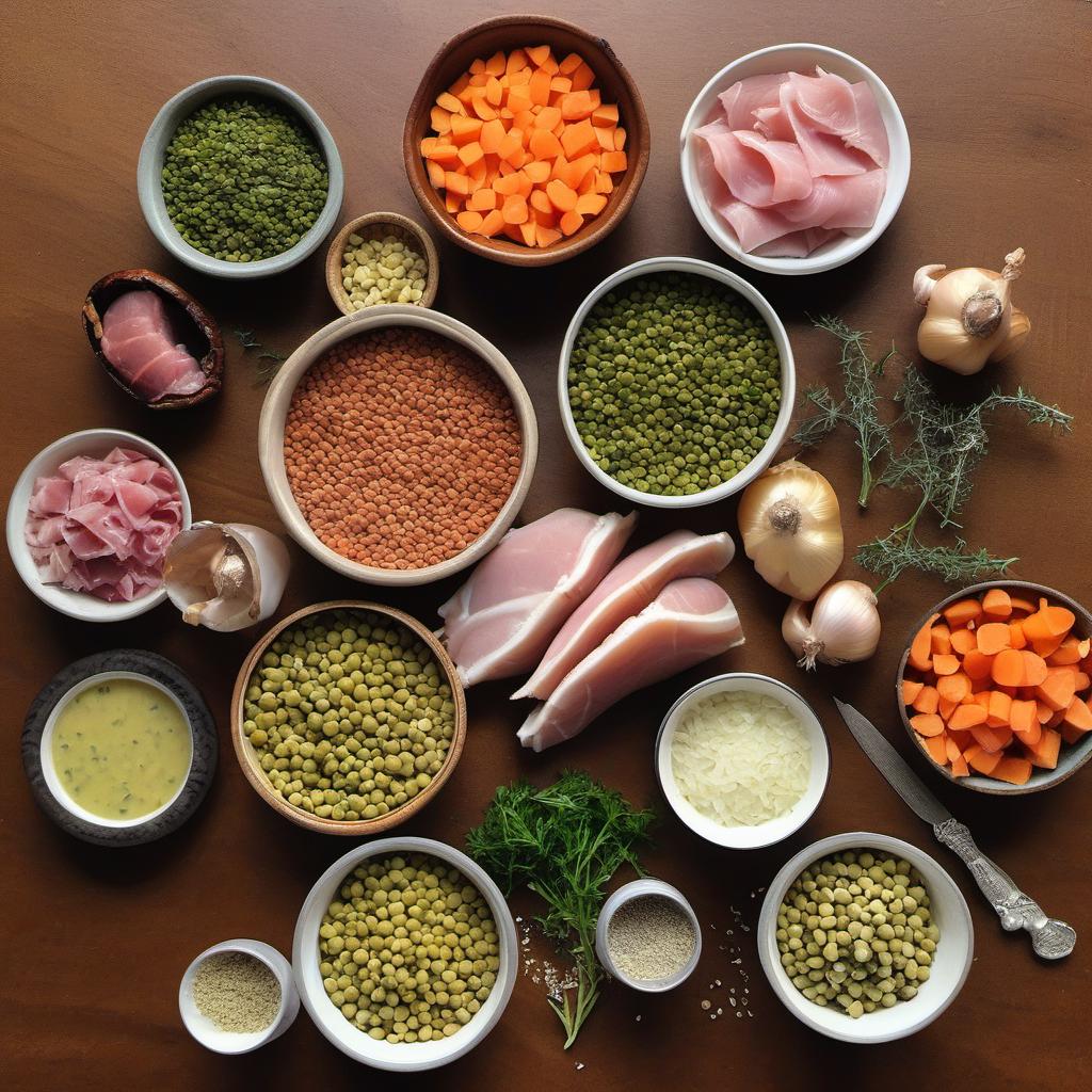 Items needed to answer the question, How do I whip up a quick Split Pea Soup with Ham. Items include:  Dried Split Peas  Diced Ham  Onion  Carrots  Celery Stalks  Garlic Cloves  Chicken Broth  Bay Leaf  Dried Thyme  Salt  Pepper