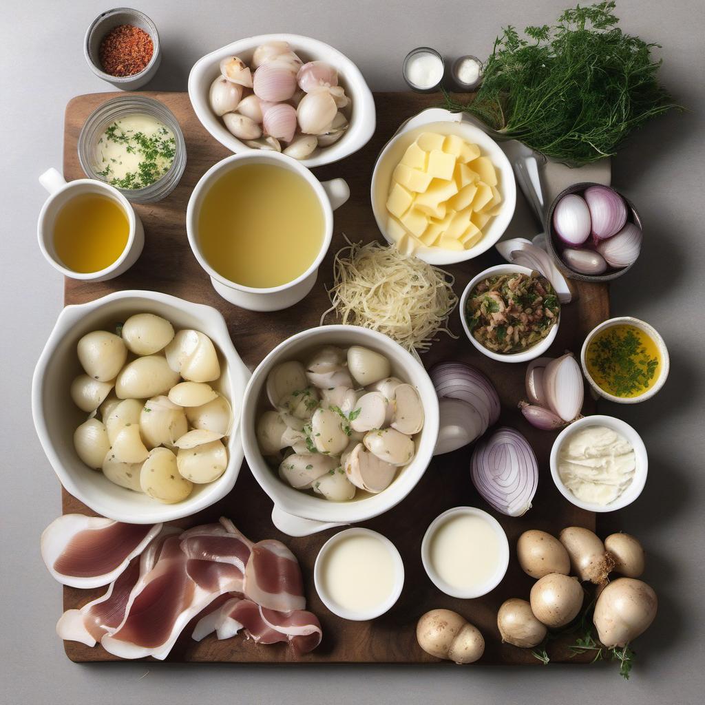 Items needed to answer the question, How do I make New England Clam Chowder. Items include:  Chopped clams  Bacon  Onion  Garlic cloves  Potatoes  Chicken broth  Heavy cream  Butter  Bay leaf  Thyme  Salt  Pepper
