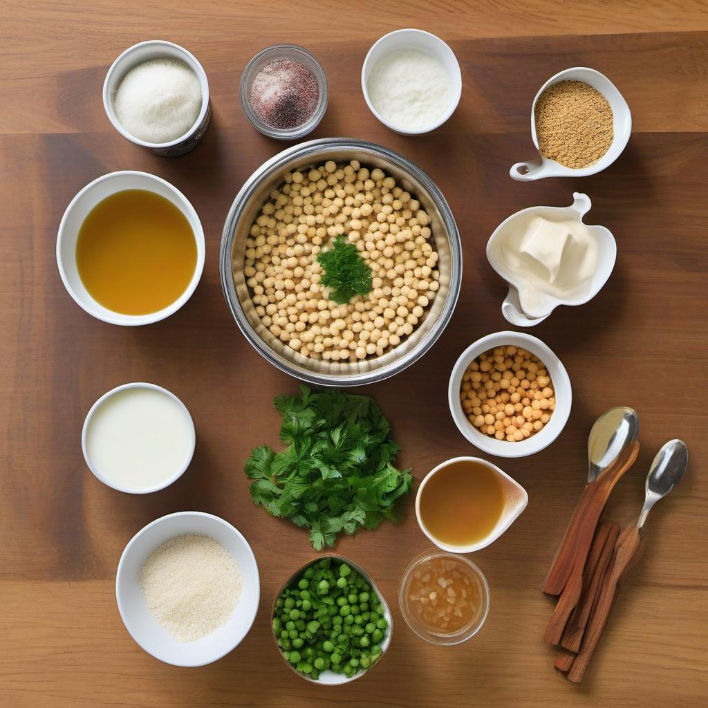 Items needed to answer the question, How do I make vegan Clam Chowder. Items include:  Can of Chickpeas  Onion  Celery Stalks  Garlic Cloves  All-Purpose Flour  Vegetable Broth  Plant-Based Milk  Fresh Parsley  Salt and Pepper  Paprika or Fresh Thyme