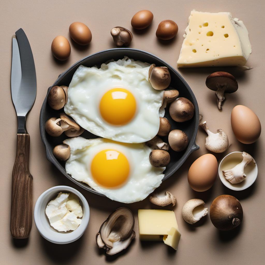 Items needed to answer the question, How do I make a fluffy mushroom and cheese omelette. Items include:  Eggs  Mushrooms  Cheese  Butter