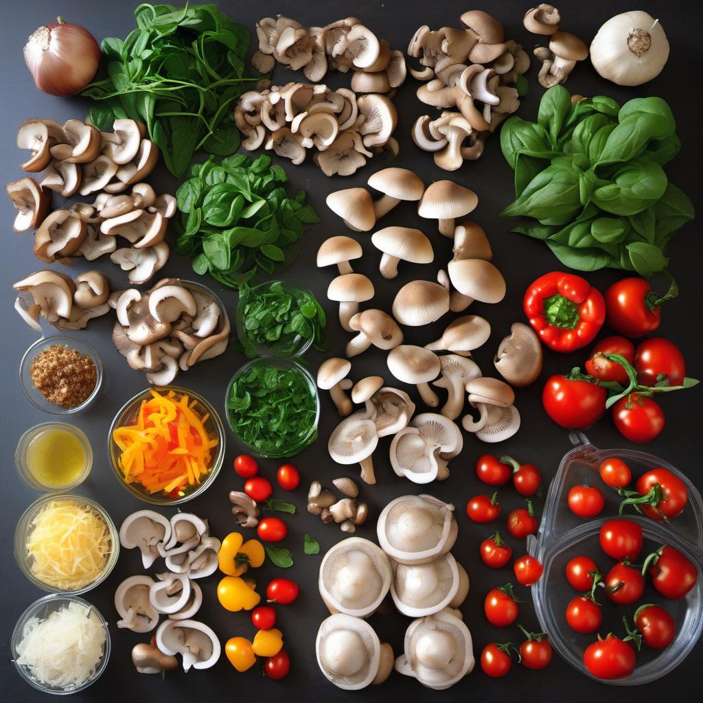 Items needed to answer the question, How do I jazz up my mushroom and cheese omelette. Items include:  Mushrooms  Cheese  Onions  Bell Peppers  Garlic  Spinach  Cherry Tomatoes  Herbs (Basil/Chives)  Eggs  Milk  Salt  Pepper  Butter/Olive Oil