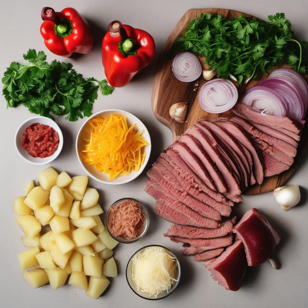 Items needed to answer the question, How do I make Corned Beef Hash. Items include:  Cooked Corned Beef  Cooked Potatoes  Onion  Bell Pepper  Garlic  Fresh Parsley  Shredded Cheddar Cheese