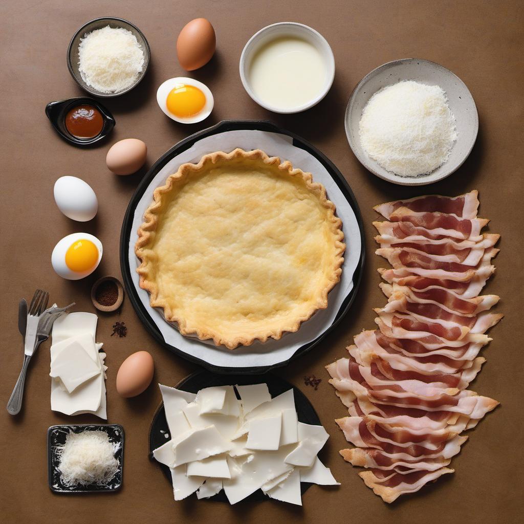 Items needed to answer the question, How do I make a Cheesy Bacon Quiche Lorraine. Items include:  Bacon  Pie Crust  Eggs  Heavy Cream  Shredded Cheese  Salt  Black Pepper