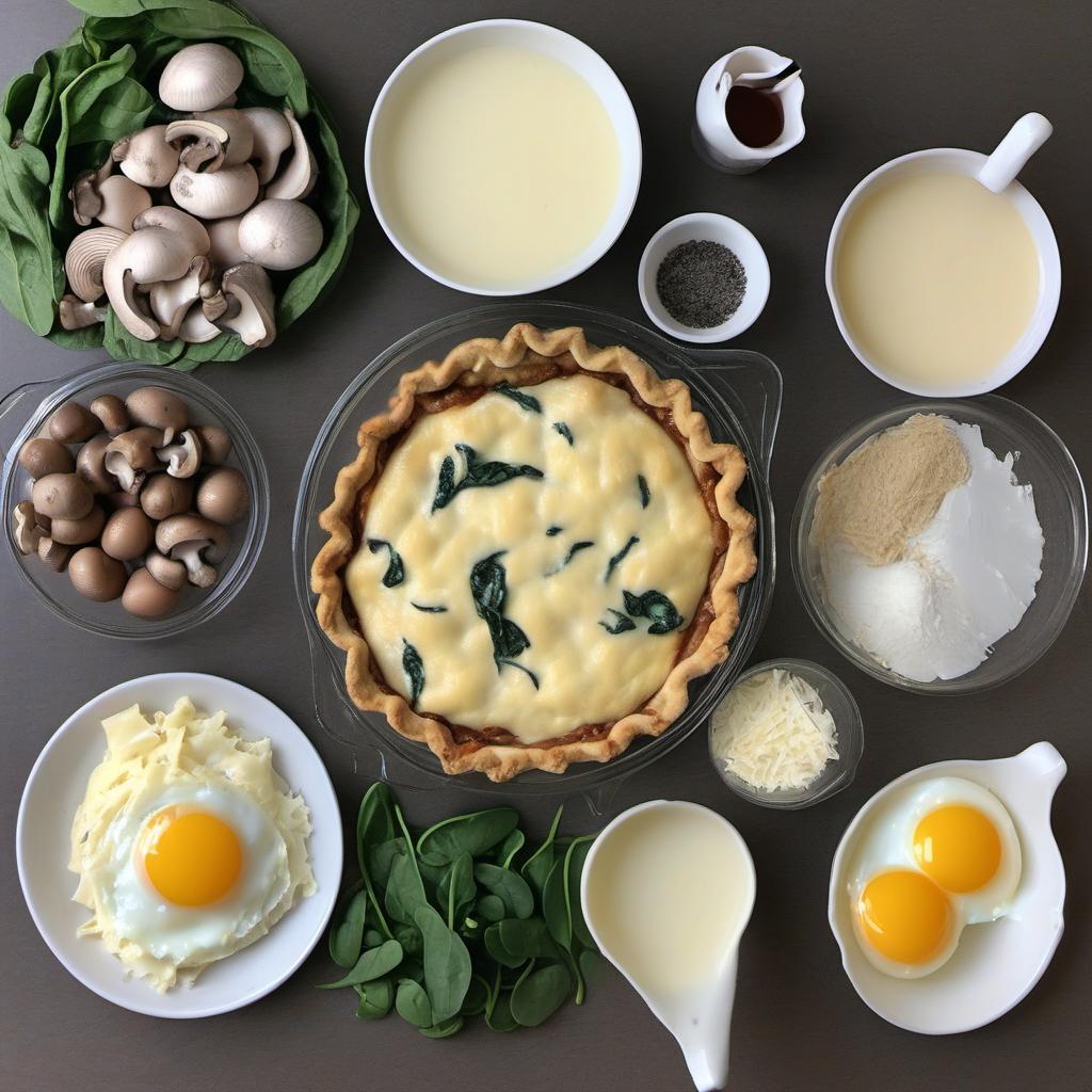 Items needed to answer the question, How do I master a Spinach and Mushroom Quiche Lorraine. Items include:  pre-made pie crust  fresh spinach  sliced mushrooms  shredded Gruyere cheese  eggs  heavy cream  salt  black pepper