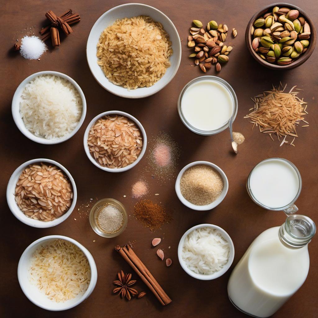 Items needed to answer the question, How do I make rice pudding with a twist. Items include:  Medium-grain rice  Water  Milk  Coconut milk  Condensed milk  Brown sugar  Salt  Cinnamon  Nutmeg  Rose water  Toasted coconut flakes or crushed pistachios