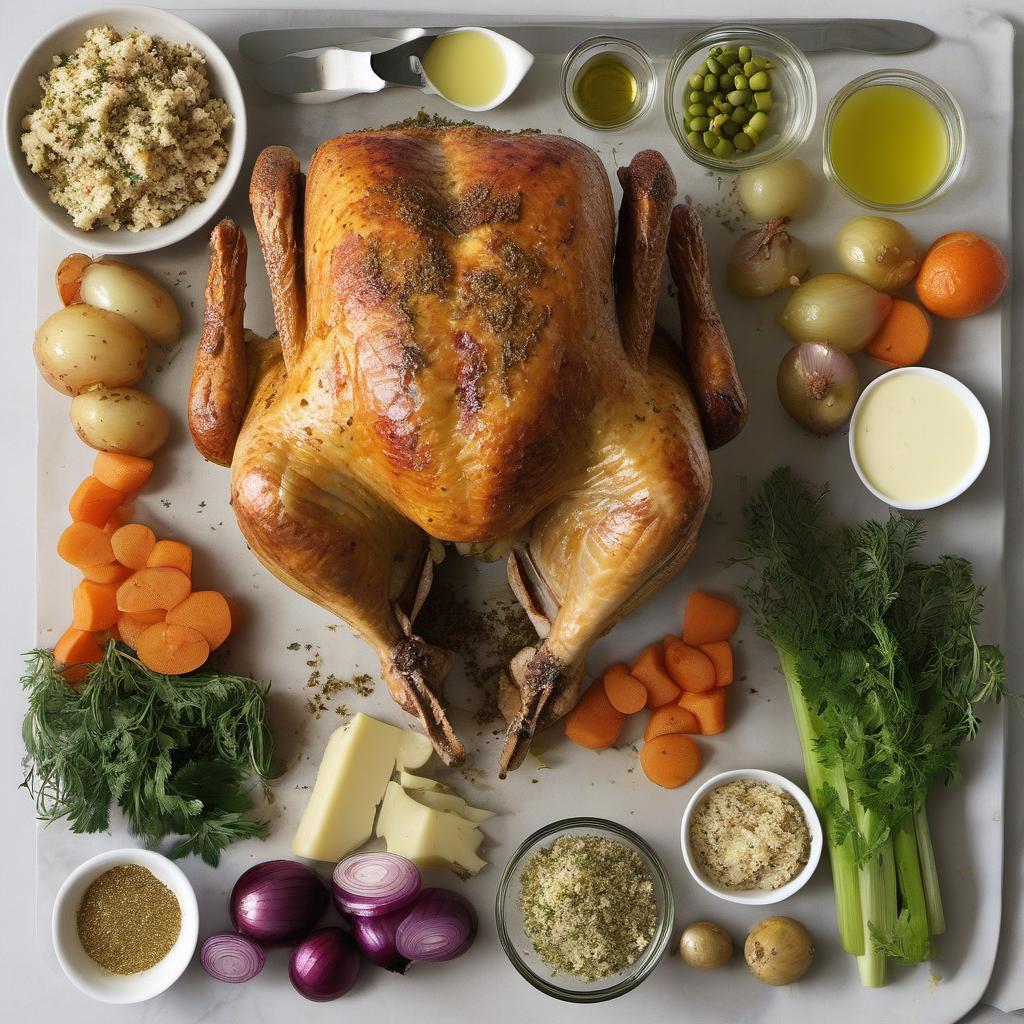 Items needed to answer the question, How do I create a delicious vegetarian Roast Turkey with Stuffing. Items include:  Vegetarian Roast Turkey  Olive oil or cooking spray  Butter or olive oil  Onion, diced  Celery, diced  Additional veggies (optional)  Herbs and spices (sage, thyme, rosemary, salt, pepper)  Breadcrumbs  Cooked quinoa or rice  Vegetable broth