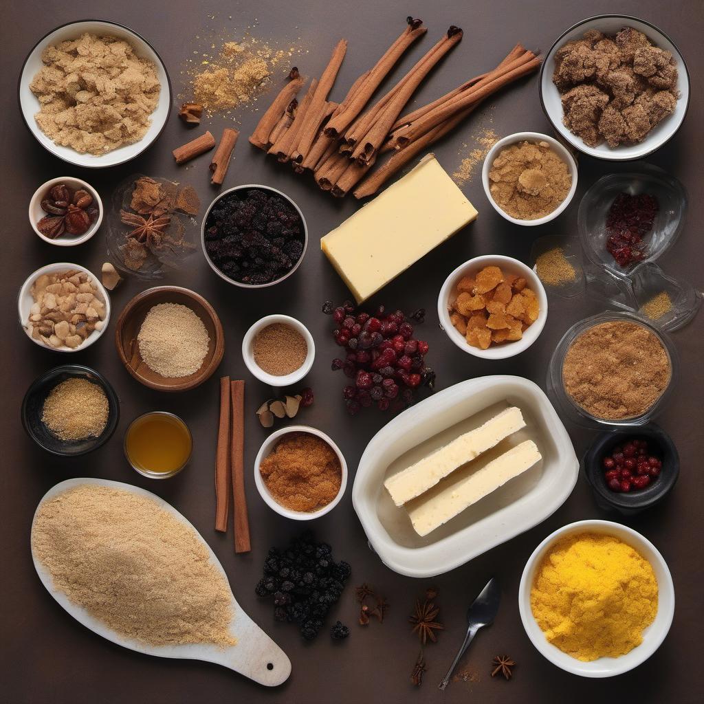 Items needed to answer the question, How do I make a traditional Christmas Pudding. Items include:  Suet  Self-Raising Flour  Breadcrumbs  Dark Brown Sugar  Mixed Spices  Grated Nutmeg  Mixed Candied Peel  Currants  Sultanas  Raisins  Chopped Almonds  Lemon (zest and juice)  Orange (zest and juice)