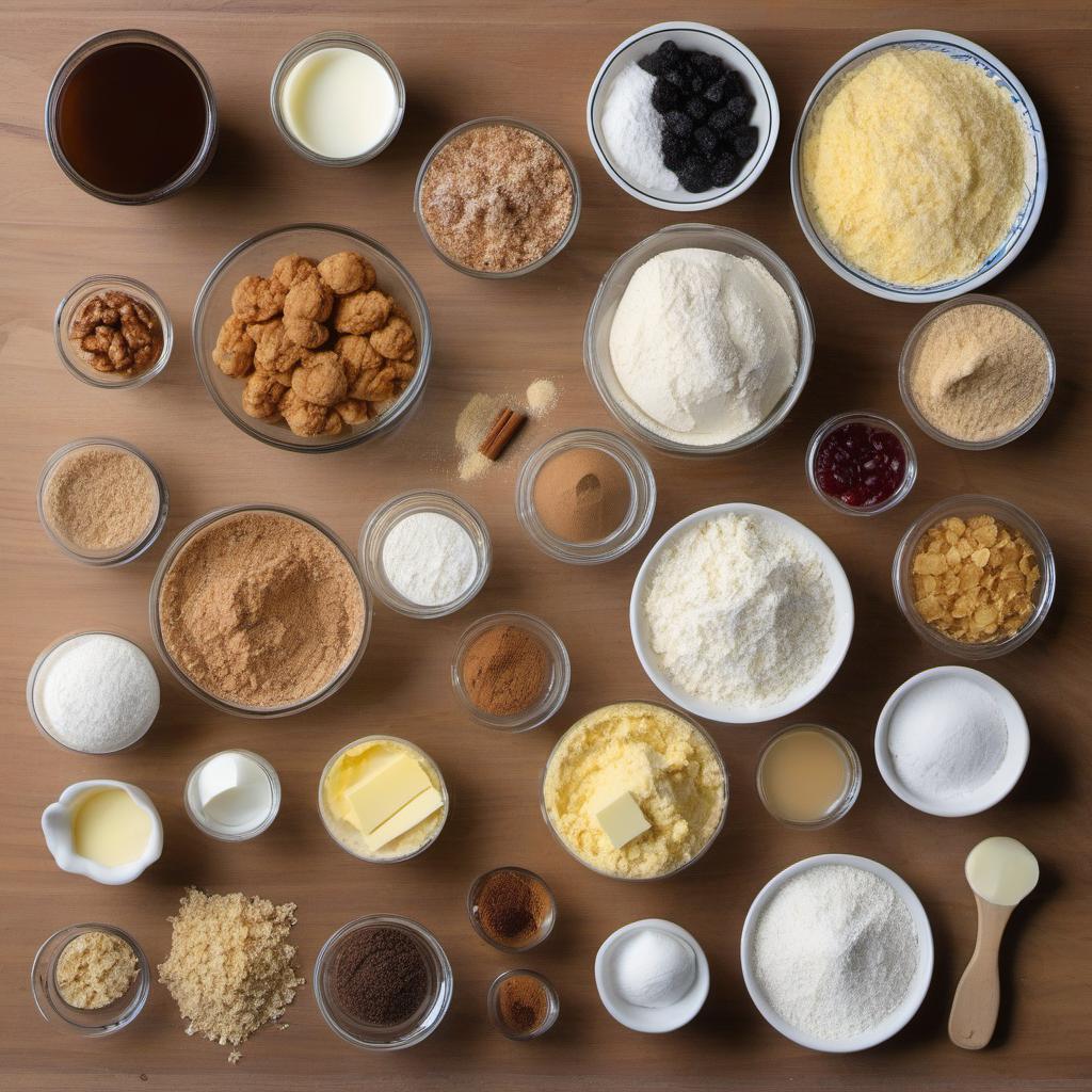 Items needed to answer the question, How do I make a quick and easy Christmas Pudding. Items include:  Flour  Breadcrumbs  Baking powder  Cinnamon  Nutmeg  Salt  Butter  Brown sugar  Eggs  Milk  Raisins  Chopped walnuts  Mixed peel