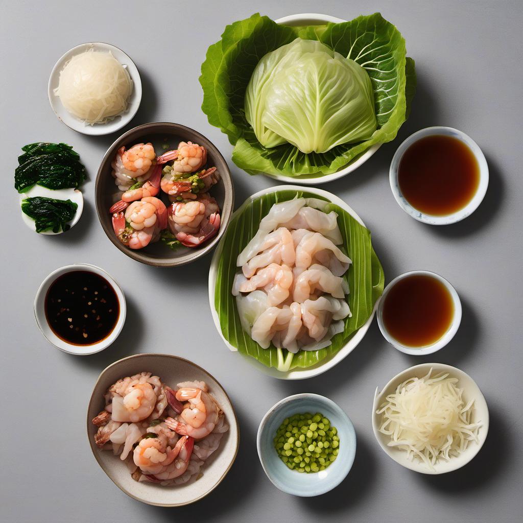 Items needed to answer the question, How do I make homemade Dim Sum dumplings. Items include:  ground pork  shrimp  minced ginger  chopped scallions  soy sauce  sesame oil  salt  dumpling wrappers  cabbage leaves  dipping sauce