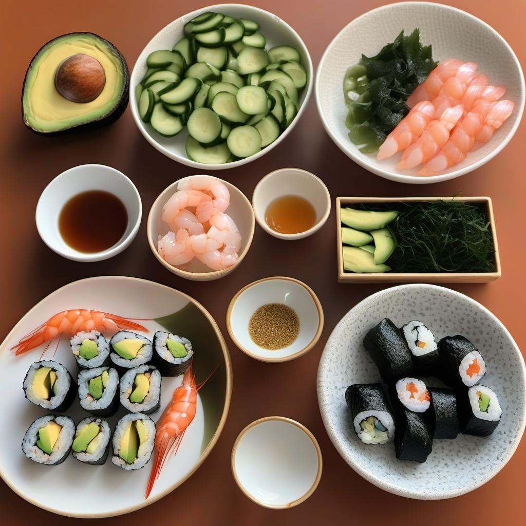 Items needed to answer the question, How do I make a dragon roll. Items include:  Sushi rice  Avocado  Cooked shrimp  Seaweed sheets  Cucumber  Carrot  Soy sauce  Wasabi  Sriracha sauce or black sesame seeds
