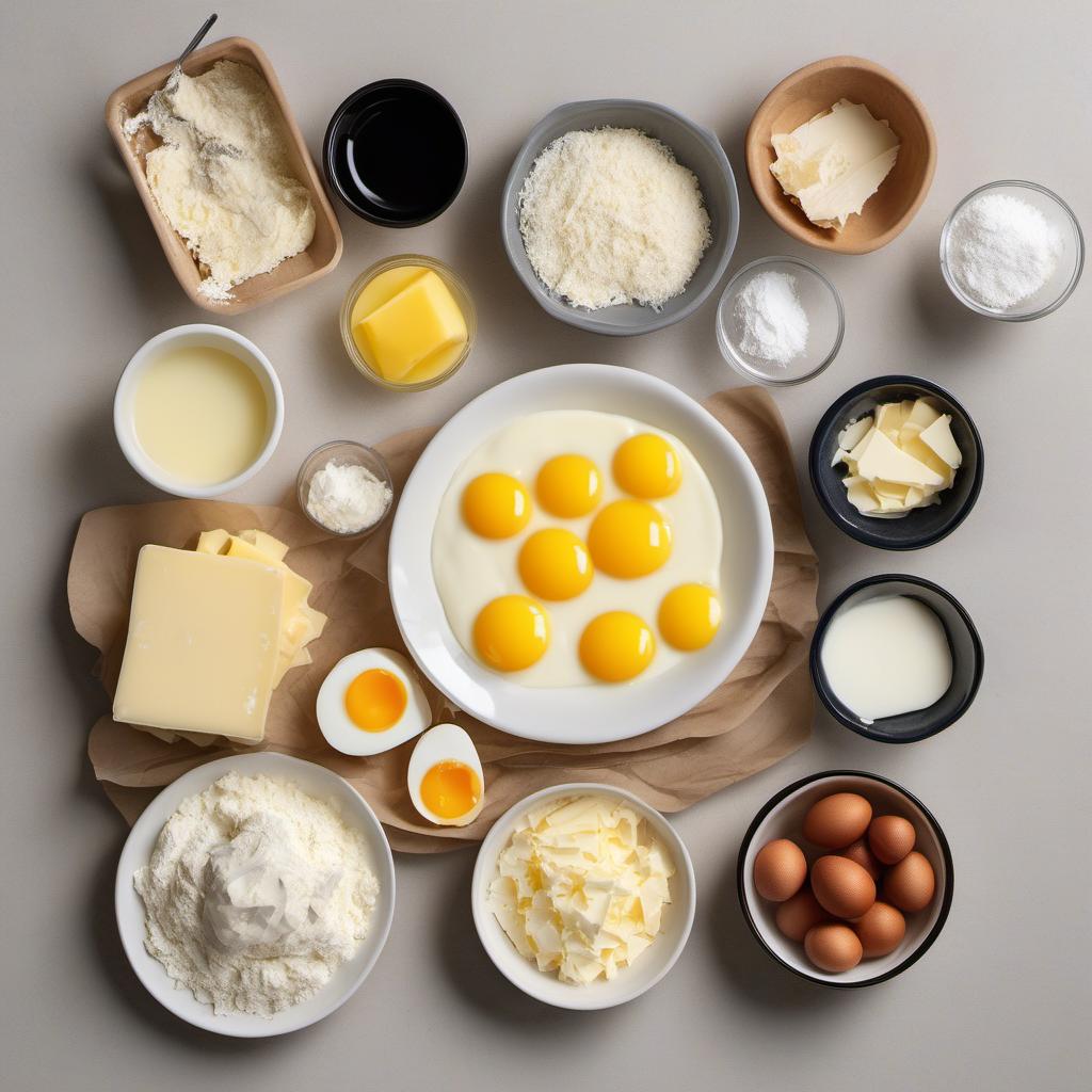 Items needed to answer the question, How do I make a classic cheese soufflé. Items include:  Butter  All-purpose flour  Milk  Grated cheese  Egg whites  Ramekins  Parchment paper