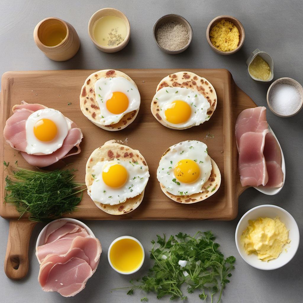 Items needed to answer the question, How do I make a show-stopping Eggs Benedict with Hollandaise Sauce. Items include:  English muffins  Eggs  Unsalted butter  Egg yolks  Lemon juice  Salt  Cayenne pepper  Ham or bacon  Chives or parsley