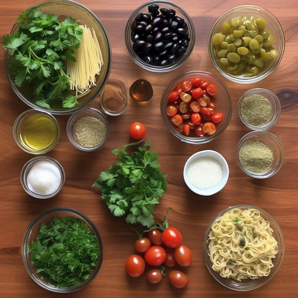 Items needed to answer the question, How do I create Chimichurri Pasta Salad. Items include:  Parsley  Cilantro  Garlic  Red Wine Vinegar  Olive Oil  Dried Oregano  Red Pepper Flakes  Salt  Pasta  Cherry Tomatoes  Black Olives  Red Onion  Feta Cheese