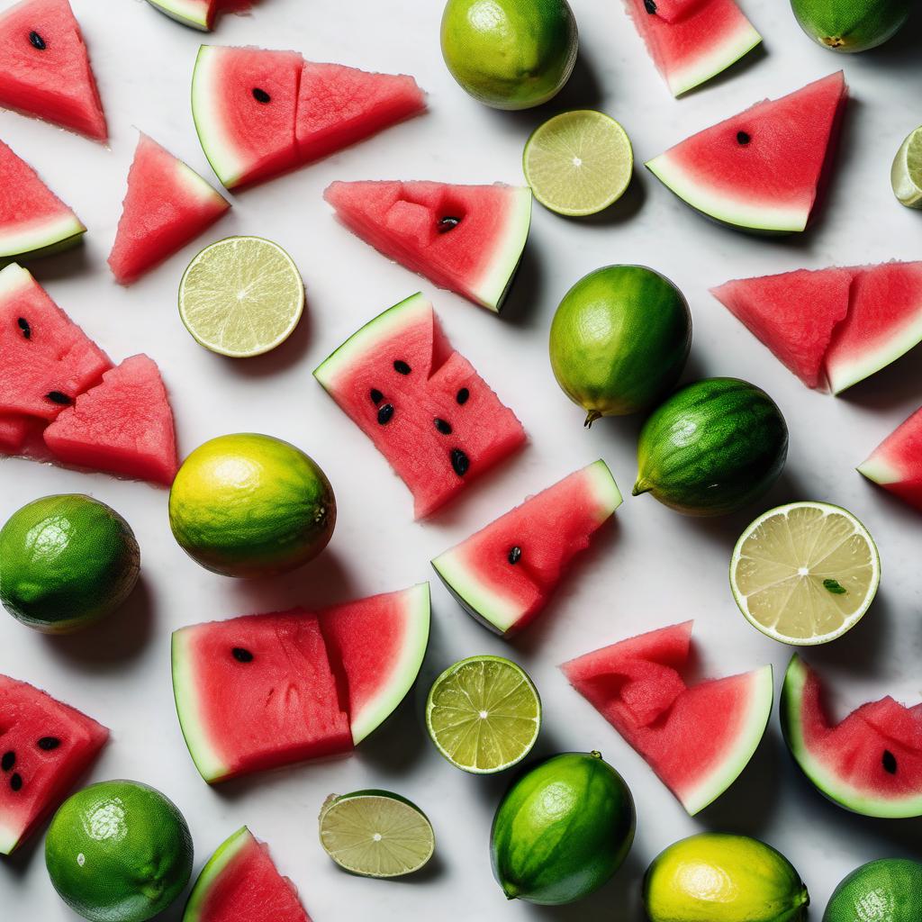 Items needed to answer the question, How do I create a festive Watermelon Margarita. Items include:  Watermelon  Lime  Simple syrup  Ice cubes  Salt or Tajin seasoning