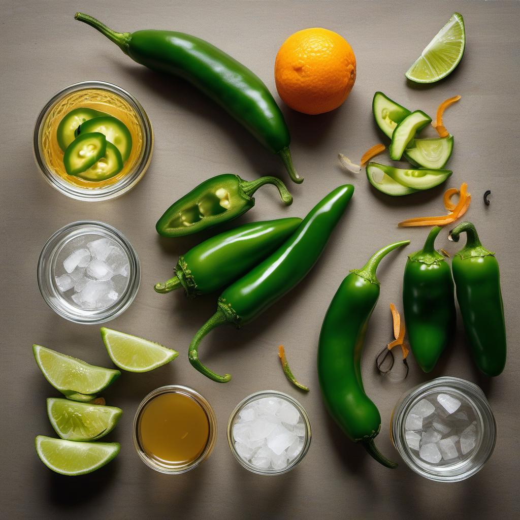 Items needed to answer the question, How do I mix up a spicy Jalapeno Margarita. Items include:  jalapenos  tequila  lime juice  orange liqueur  agave syrup  salt