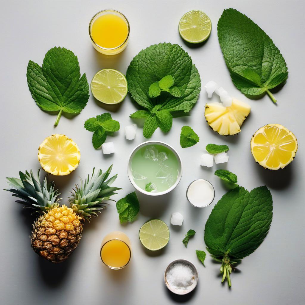 Items needed to answer the question, How do I create a tropical Mojito smoothie. Items include:  Mint leaves  Lime juice  Pineapple chunks  Coconut milk  Honey  Ice cubes