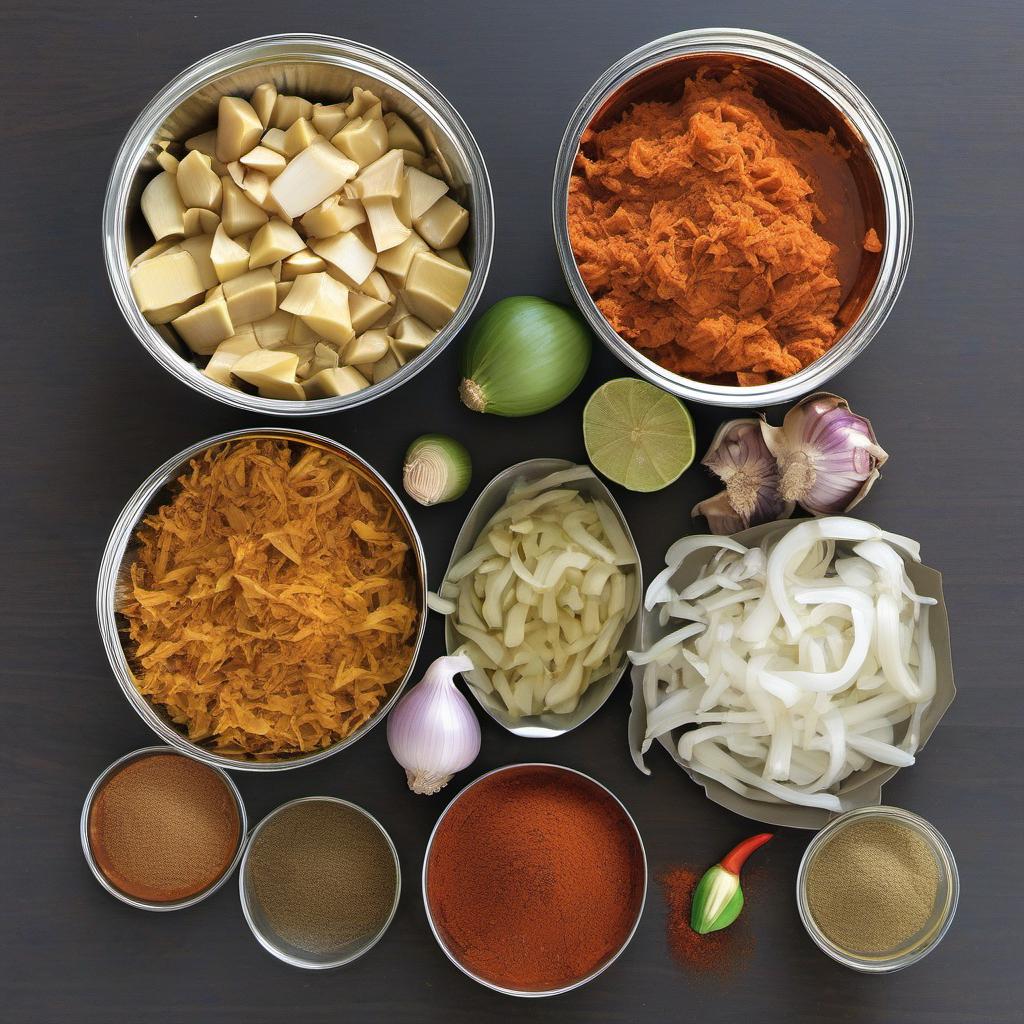 Items needed to answer the question, How do I make Jackfruit Pulled Pork Tacos. Items include:  Young green jackfruit  Onion  Garlic cloves  Oil  Smoked paprika  Chili powder  Cumin  Garlic powder  Onion powder  Salt and pepper  Barbecue sauce  Vegetable broth  Tortillas  Diced tomatoes  Shredded lettuce  Sliced avocado  Lime juice