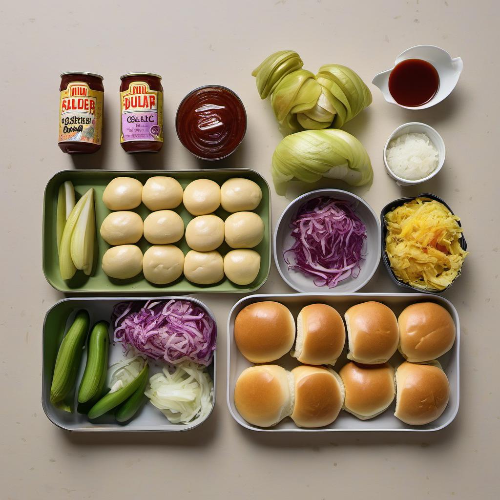 Items needed to answer the question, How do I make Jackfruit Pulled Pork Sliders. Items include:  Young Green Jackfruit  Onion  Garlic cloves  Oil  Salt  Pepper  Barbecue sauce  Mini burger buns  Coleslaw  Pickle slices