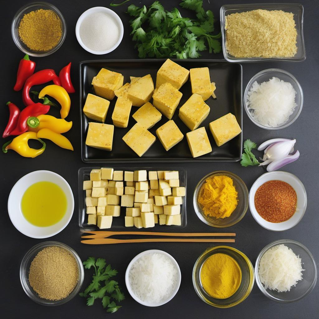 Items needed to answer the question, How do I create Tofu Scrambled Eggs for Vegans. Items include:  tofu  olive oil  onion  bell pepper  turmeric  garlic powder  onion powder  black salt  salt and pepper  chopped fresh herbs
