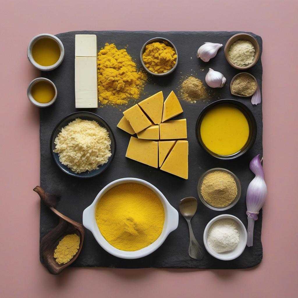 Items needed to answer the question, How do I whip up Vegan Scrambled Eggs using Tofu. Items include:  Tofu  Nutritional yeast  Turmeric  Garlic powder  Onion powder  Black salt  Oil