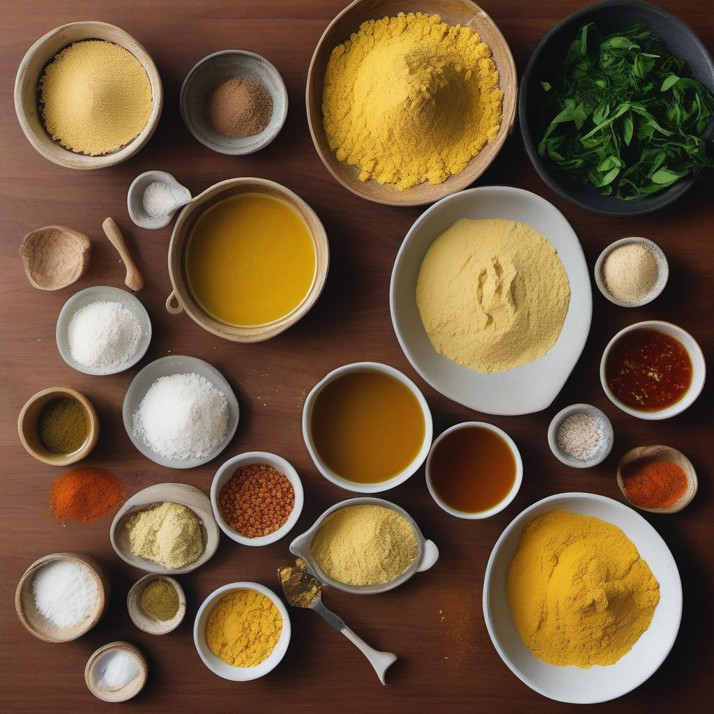 Items needed to answer the question, How do I make seitan steak without wheat gluten. Items include:  Chickpea flour  Nutritional yeast  Garlic powder  Paprika  Onion powder  Salt  Vegetable broth  Soy sauce  Olive oil
