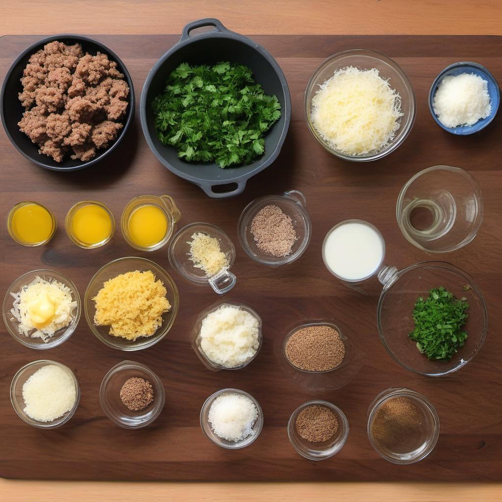 Items needed to answer the question, How do I prepare Cannonball Meatballs with a twist. Items include:  Ground beef  Breadcrumbs  Grated Parmesan cheese  Chopped fresh parsley  Chopped onion  Minced garlic  Beaten egg  Milk  Dried oregano  Salt  Black pepper  Cayenne pepper  Paprika