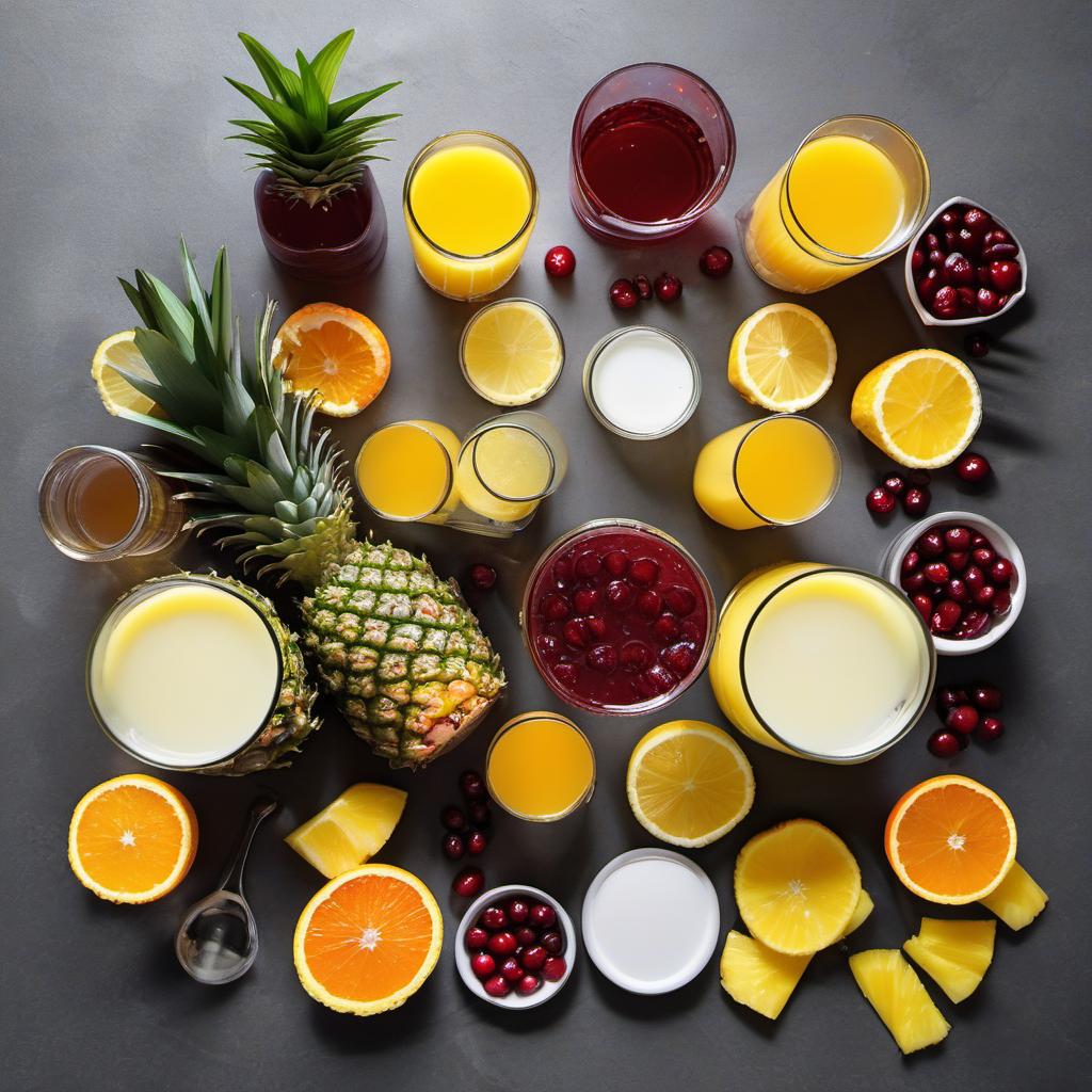 Items needed to answer the question, How do I transform Enchanted Fruit Punch into a sparkling mocktail. Items include:  Pineapple juice  Orange juice  Cranberry juice  Lemon juice  Ginger ale  Ice cubes