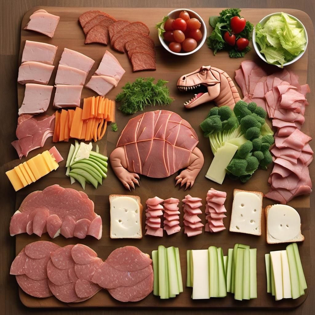 Items needed to answer the question, How do I make T-Rex Sandwich Bites. Items include:  bread slices  deli meat  cheese slices  lettuce  tomatoes  toothpicks