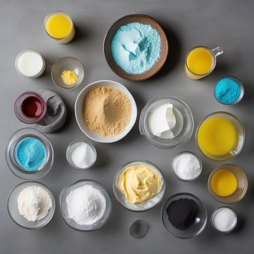 Items needed to answer the question, How do I decorate Mermaid Tail Cookies. Items include:  All-purpose flour  Baking powder  Salt  Butter  Granulated sugar  Eggs  Vanilla extract  Powdered sugar  Milk  Food coloring