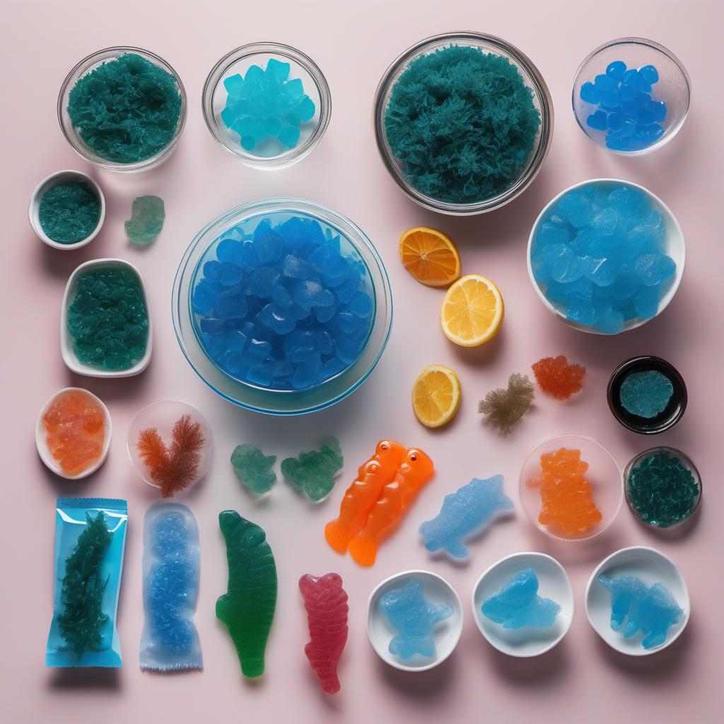 Items needed to answer the question, How do I create an ocean-themed Fishbowl Gelatin. Items include:  Blue gelatin powder  Gummy fish  Edible seaweed  Fishbowl or clear glass bowl