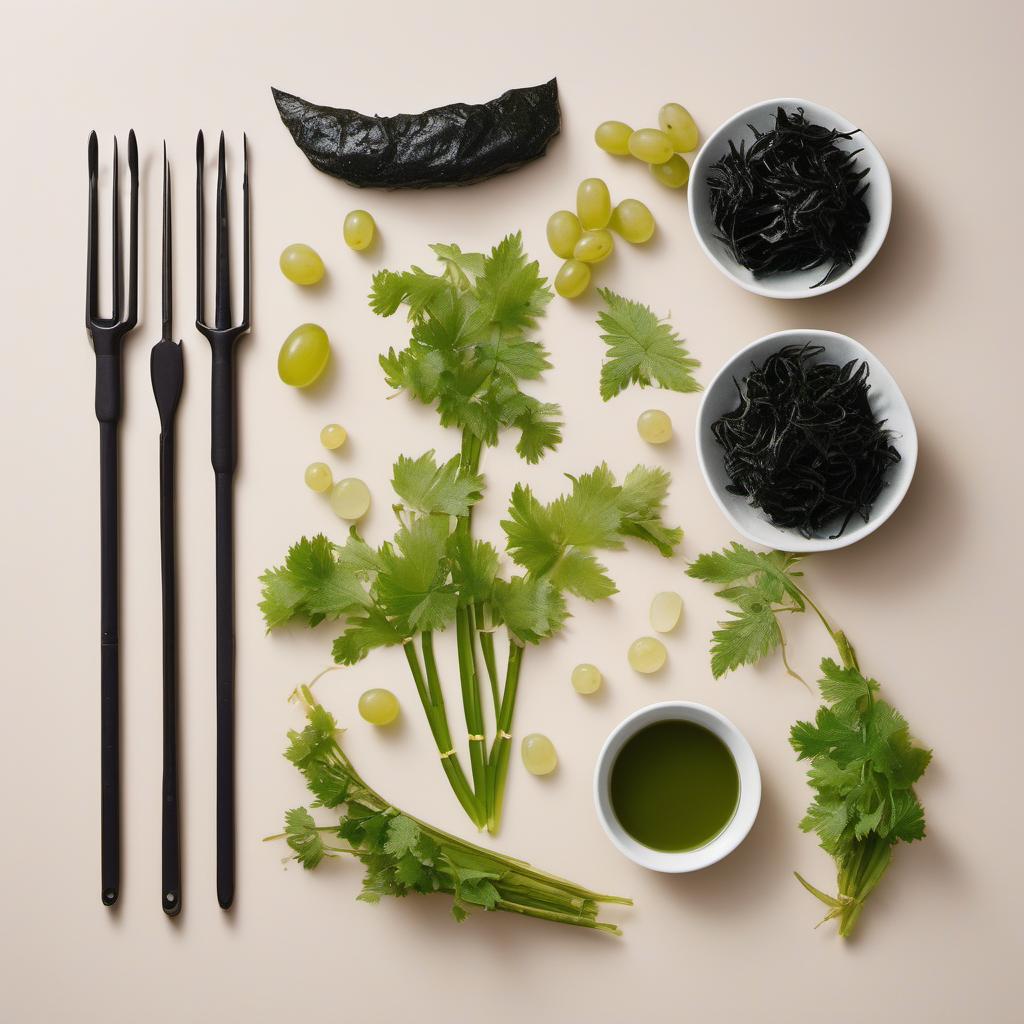 Items needed to answer the question, How do I make Seaweed Grape Skewers. Items include:  seaweed  grapes  bamboo skewers  sharp knife