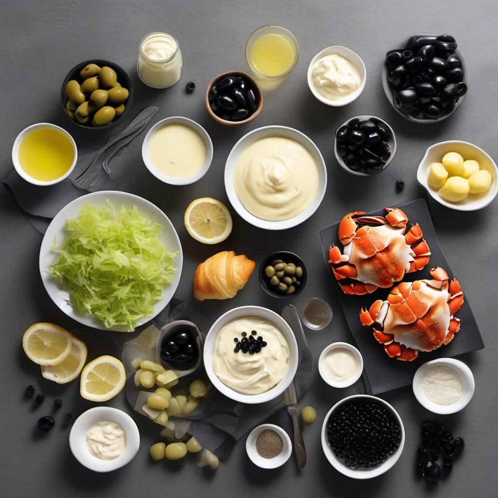 Items needed to answer the question, How do I make Crab Mini Croissants with olive eyes. Items include:  Crab Meat  Mayonnaise  Diced Celery  Lemon Juice  Salt  Pepper  Croissants  Pitted Black Olives