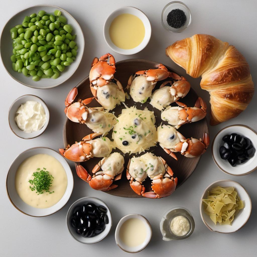 Items needed to answer the question, How do I bake Mini Crab Croissants with olive eyes. Items include:  Crab Meat  Mayonnaise  Parmesan Cheese  Green Onions  Garlic Powder  Salt  Pepper  Refrigerated Croissant Dough  Black Olives