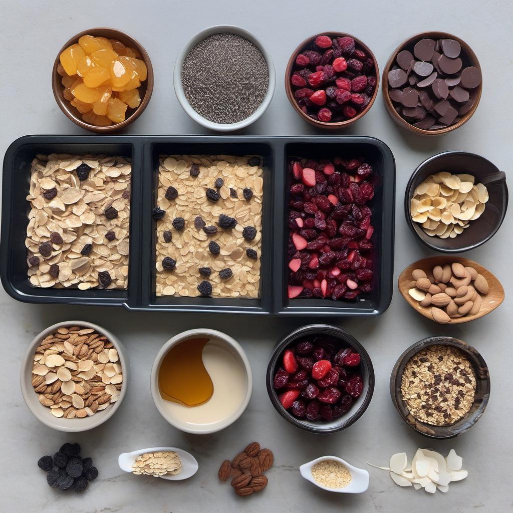 Items needed to answer the question, How do I make supercharged Heroic Energy Bars. Items include:  Rolled oats  Dried fruit (raisins or cranberries)  Honey  Peanut butter  Chia seeds  Mini chocolate chips