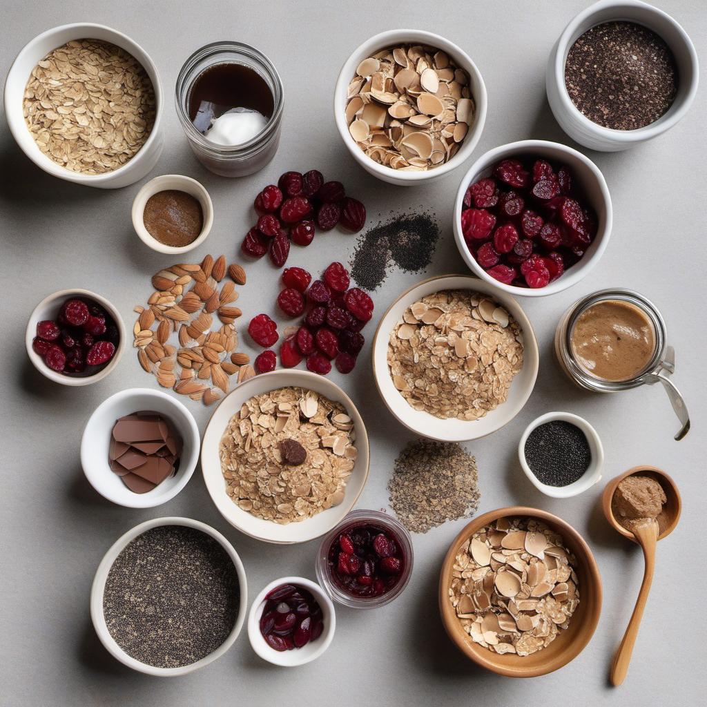 Items needed to answer the question, How do I master the art of baking Heroic Energy Bars. Items include:  rolled oats  almond butter  honey  chia seeds  mini chocolate chips  dried cranberries  vanilla extract