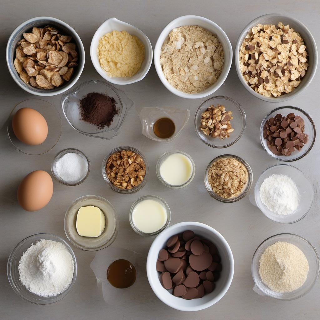 Items needed to answer the question, How do I make Power Shield Cookies. Items include:  All-Purpose Flour  Baking Soda  Salt  Unsalted Butter  Brown Sugar  Eggs  Vanilla Extract  Rolled Oats  Chocolate Chips  Chopped Nuts