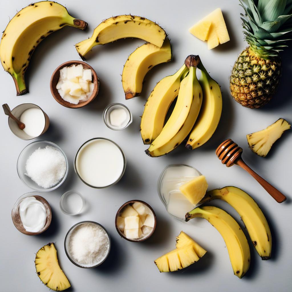 Items needed to answer the question, How do I make Monkey Banana Bites smoothie. Items include:  Bananas  Frozen pineapple chunks  Coconut milk  Honey  Vanilla extract