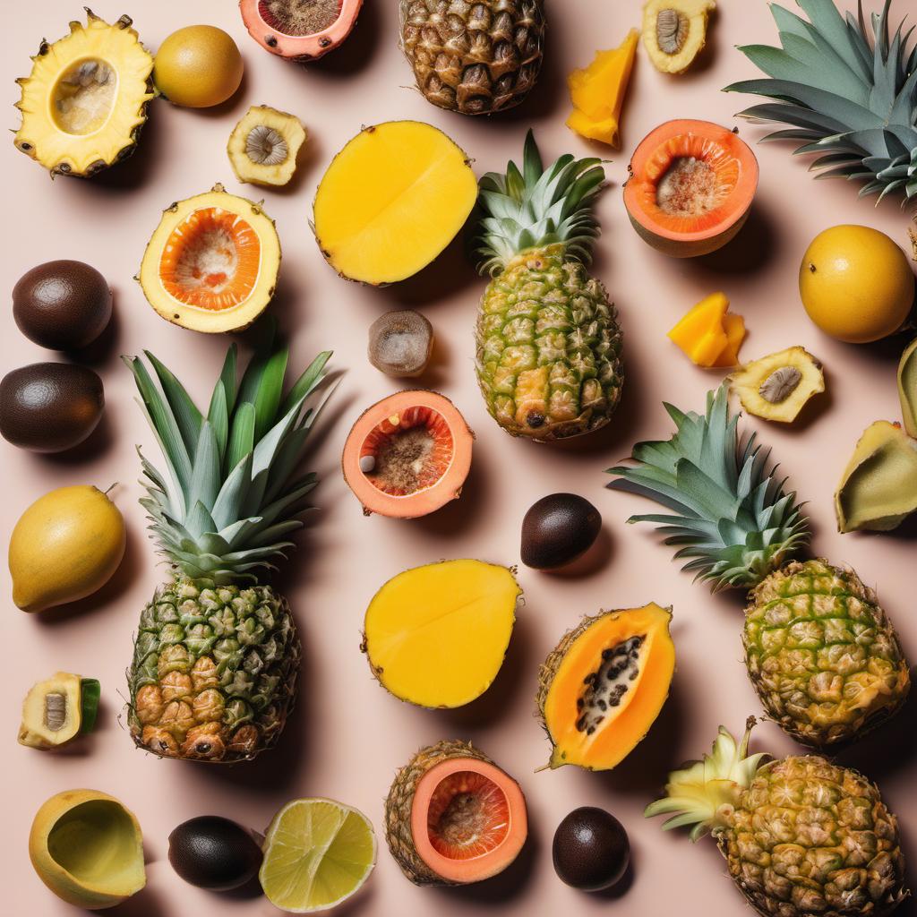 Items needed to answer the question, How do I create a Tropical Fruit Punch mocktail. Items include:  pineapple  passion fruits  mango  papaya  club soda or sparkling water