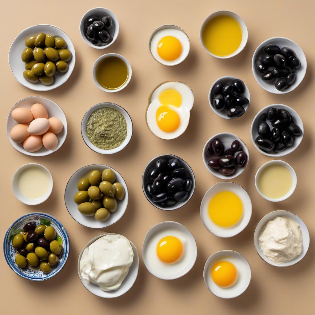 Items needed to answer the question, How do I make Spider Deviled Eggs. Items include:  Eggs  Mayonnaise  Dijon Mustard  Vinegar  Salt  Pepper  Black Olives