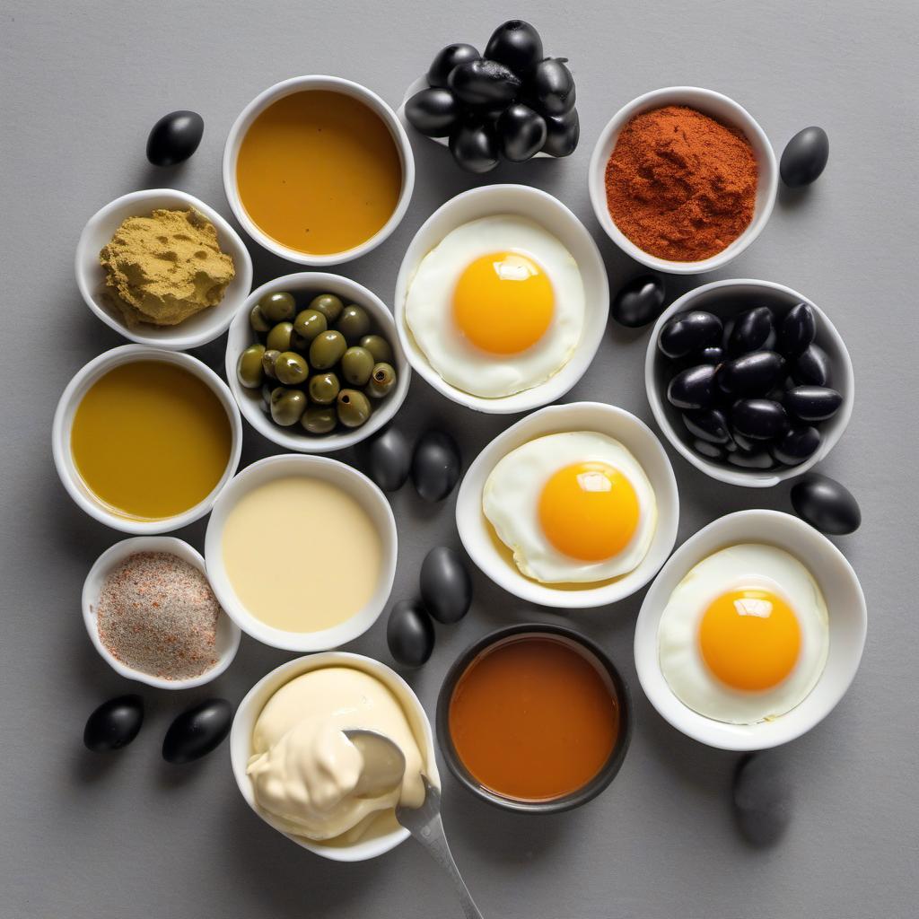 Items needed to answer the question, How do I make Spider Deviled Eggs for a Halloween potluck. Items include:  Eggs  Mayonnaise  Dijon mustard  Salt  Pepper  Paprika  Black olives  Edible googly eyes (optional)