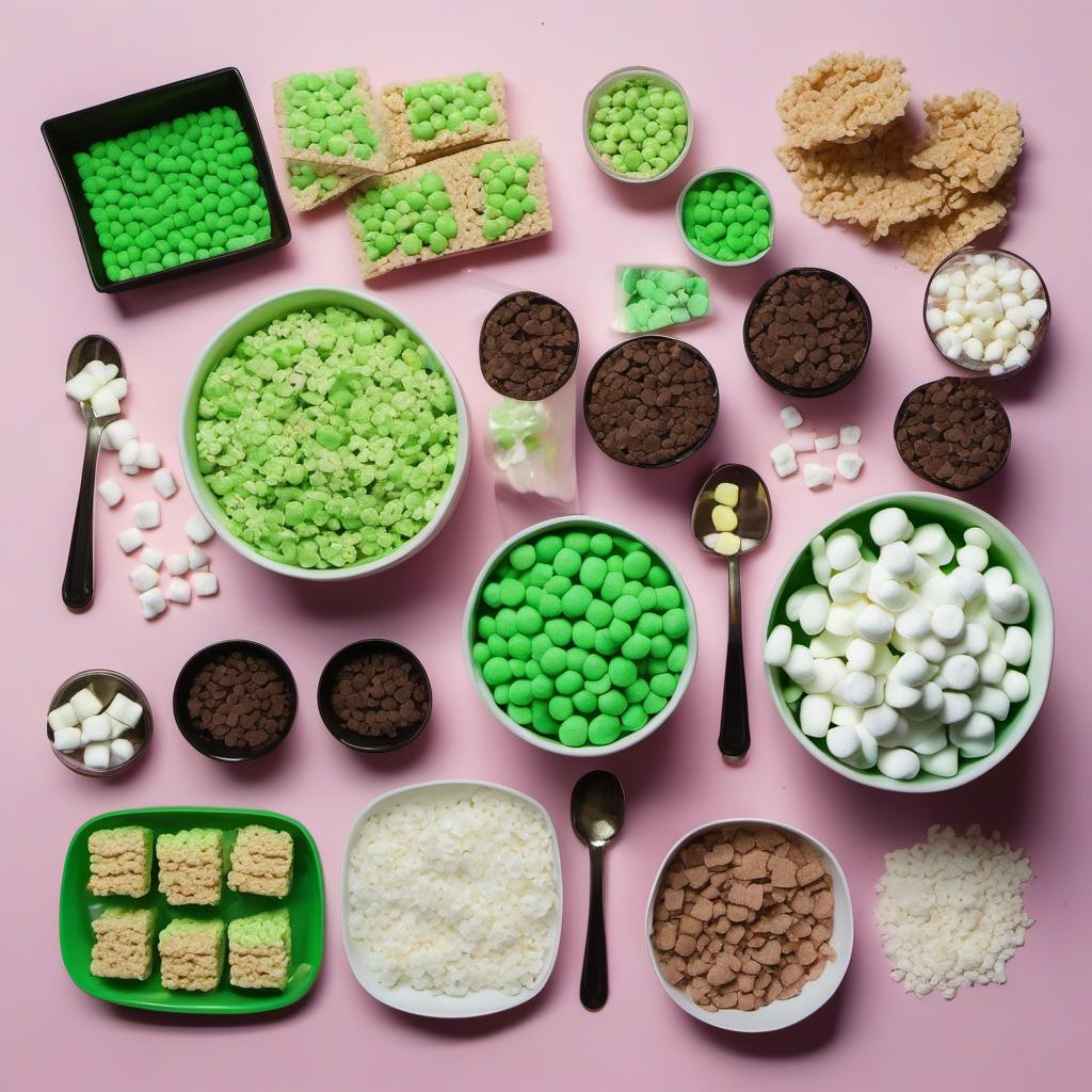 Items needed to answer the question, How do I give Rice Krispie Treats a Frankenstein makeover. Items include:  Rice Krispies cereal  Mini marshmallows  Butter  Icing (green and black)  Candy eyes  Chocolate sprinkles  Fondant
