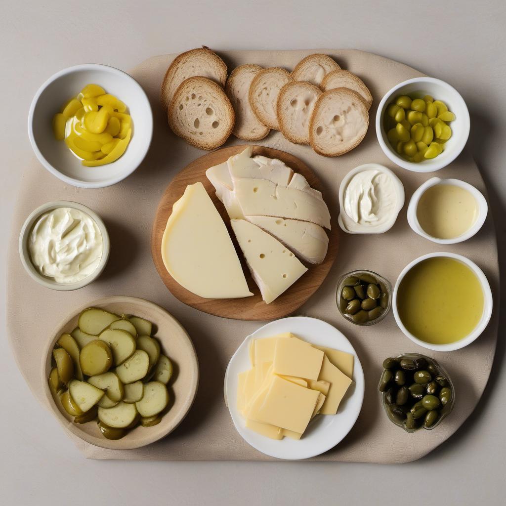 Items needed to answer the question, How do I create a creepy twist on Finger Sandwiches. Items include:  Chicken  Mayonnaise  Pickles  Dijon Mustard  Bread Slices  Cheese or Olives