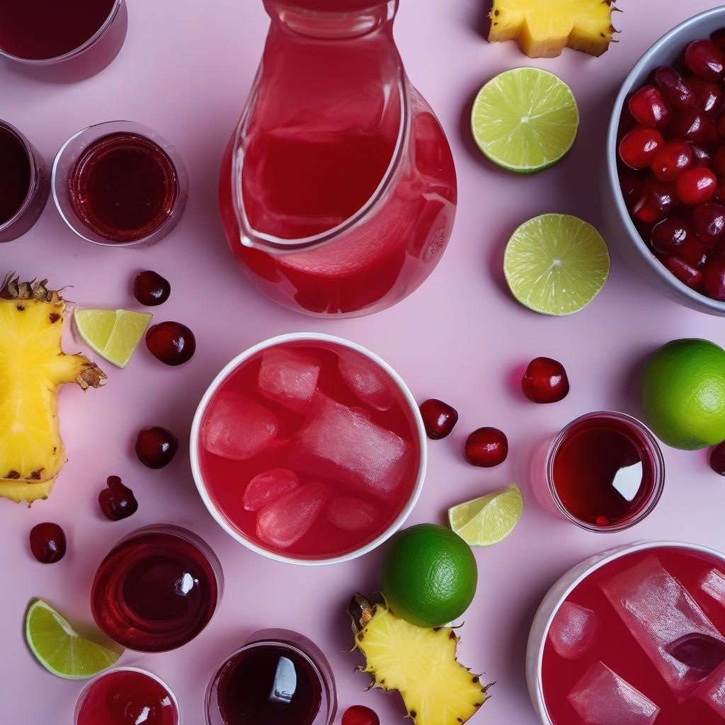 Items needed to answer the question, How do I make Vampire Blood Punch with Cherry Juice. Items include:  Cherry juice  Cranberry juice  Pineapple juice  Lime juice  Sparkling water  Grenadine syrup  Gummy vampire teeth
