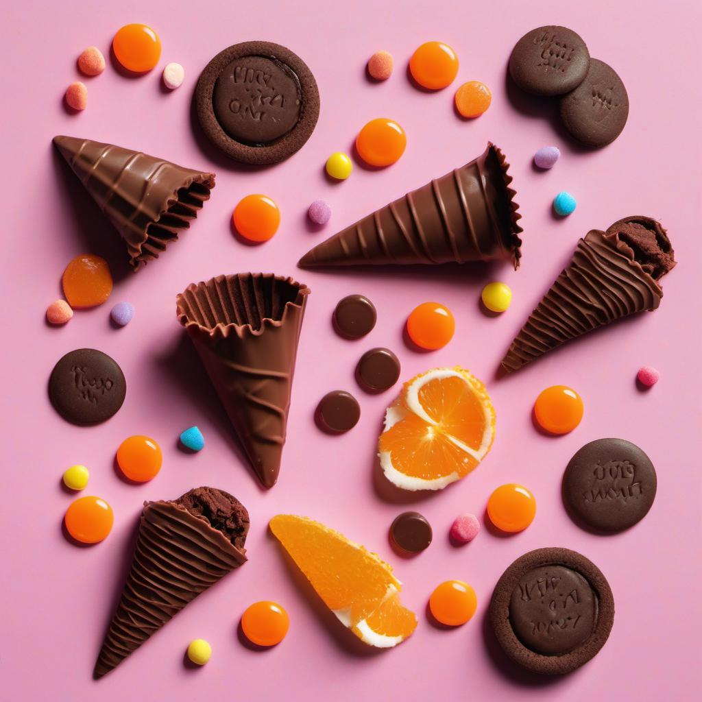 Items needed to answer the question, How do I make Witchs Hat Cookies. Items include:  Chocolate Cones  Chocolate Sandwich Cookies  Orange Candy Melts  Small Colorful Candies