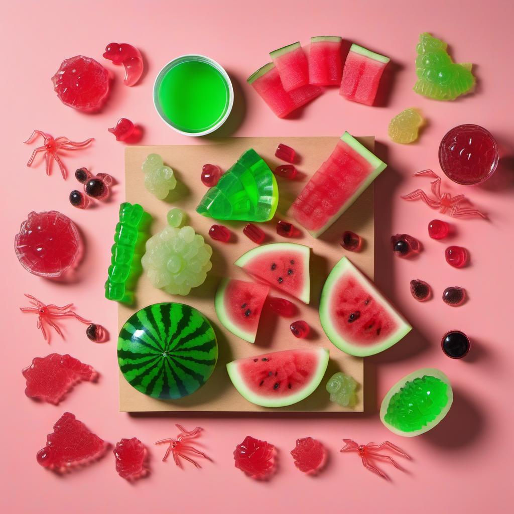 Items needed to answer the question, How do I conjure a mesmerizing Witchs Cauldron Candy Bowl with green jelly. Items include:  Green Jelly  Large Round Watermelon  Gummy Worms  Gummy Spiders