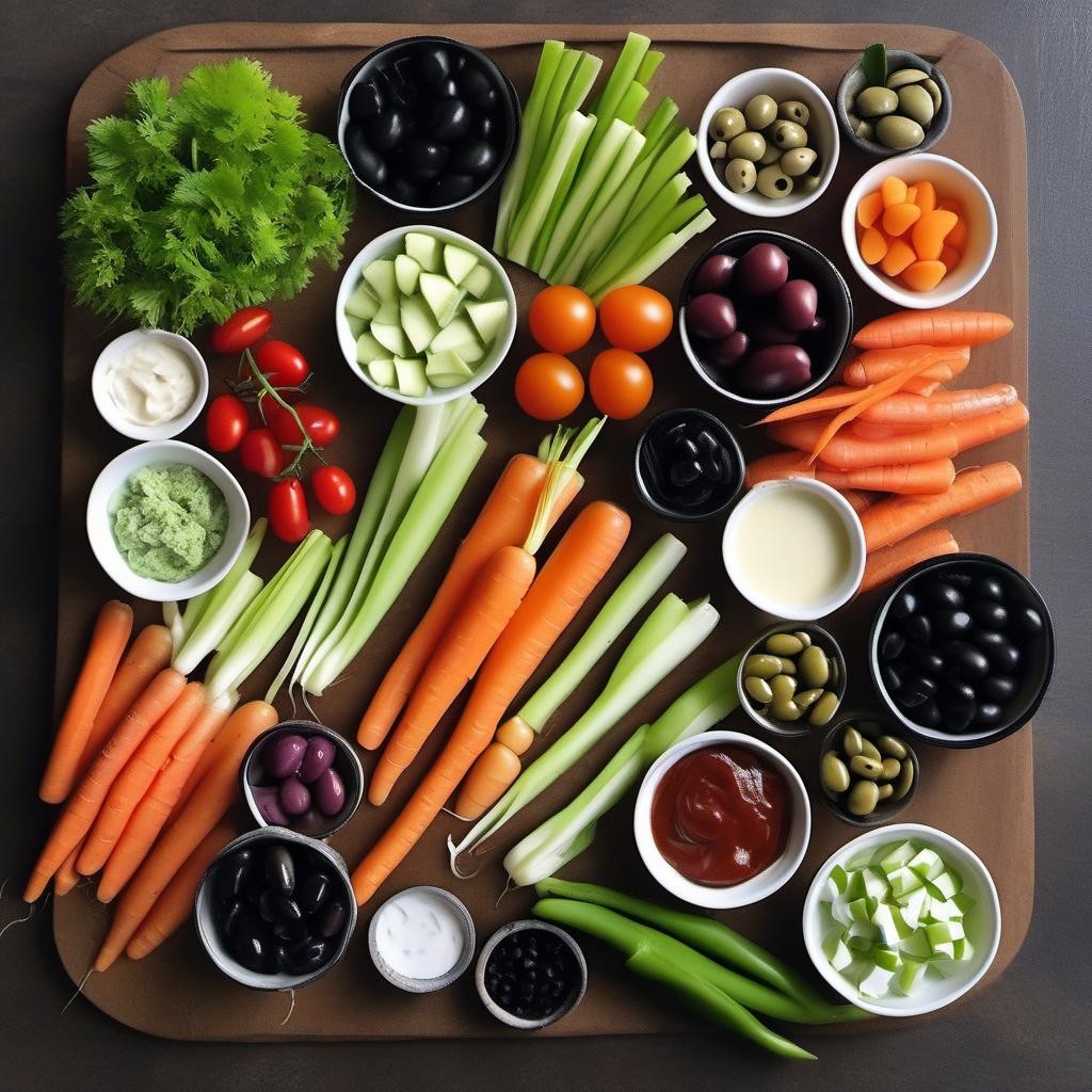 Items needed to answer the question, How do I make a Halloween-themed veggie platter. Items include:  Celery  Carrots  Dip of choice  Black food coloring  Cherry tomatoes  Baby carrots  Sugar snap peas  Olives  Cream cheese
